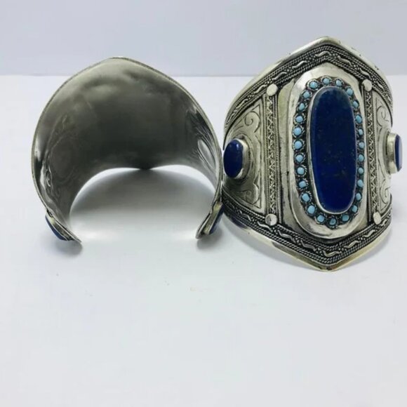 Single Vintage Afghan Cuff Bracelet: Lapis, Turquoise, Sterling Silver Tribal - Picture 2 of 12
